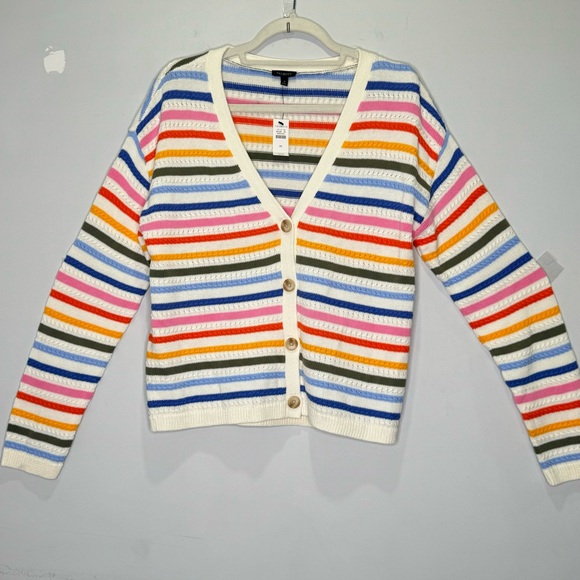 NWT Talbots Ribbed Cotton Knit Oversized Relaxed Cardigan Sweater Multi Stripe M - Picture 2 of 12